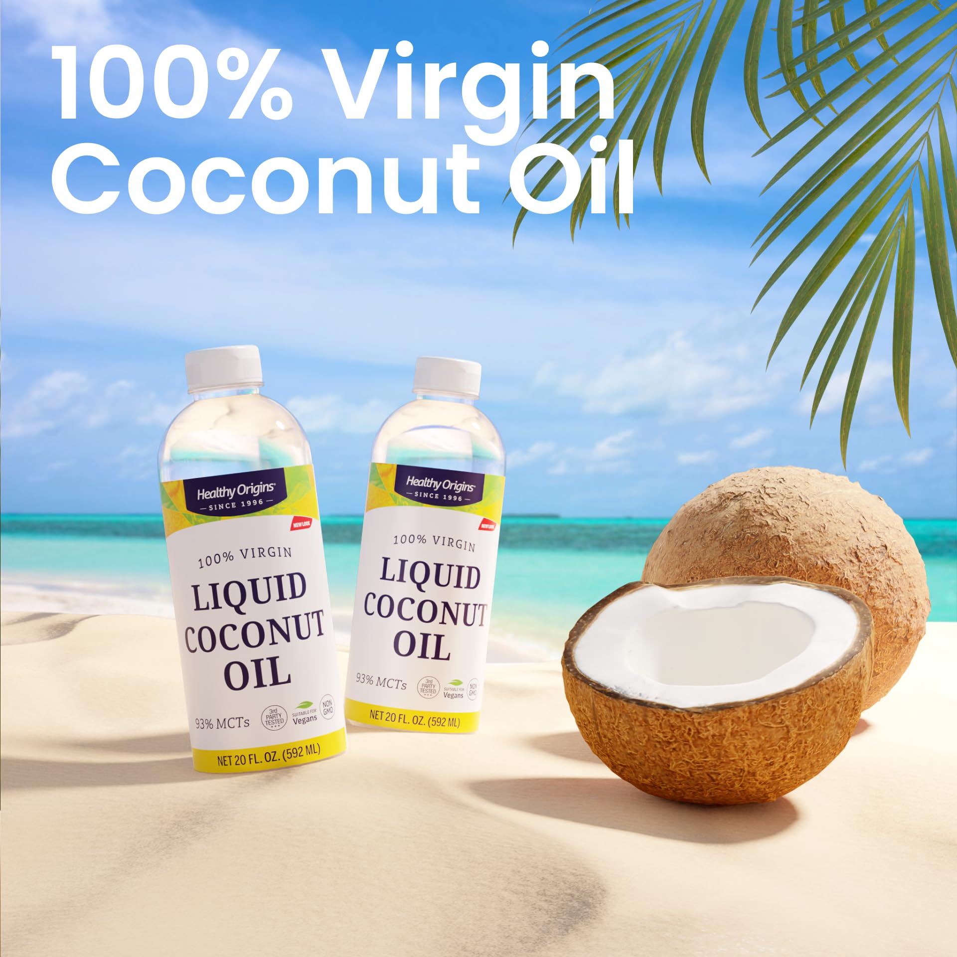 Healthy Origins Coconut Oil Liquid BPA-free container emphasizing convenience and safety.