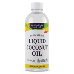 Healthy Origins Coconut Oil Liquid bottle front view for versatile cooking and flavor enhancement.