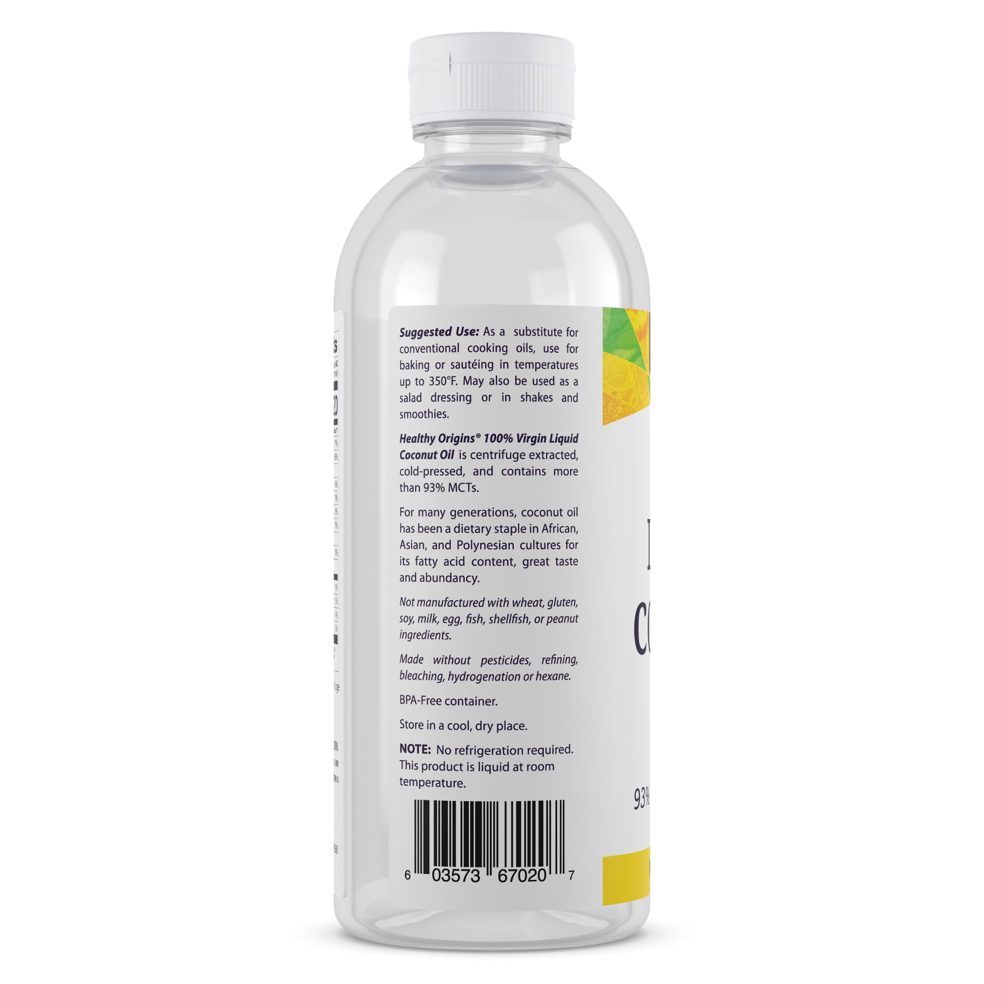 Healthy Origins Coconut Oil Liquid label close-up showing quality and ingredients.