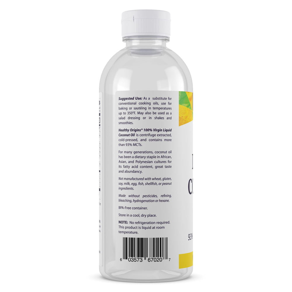 Healthy Origins Coconut Oil Liquid label close-up showing quality and ingredients.