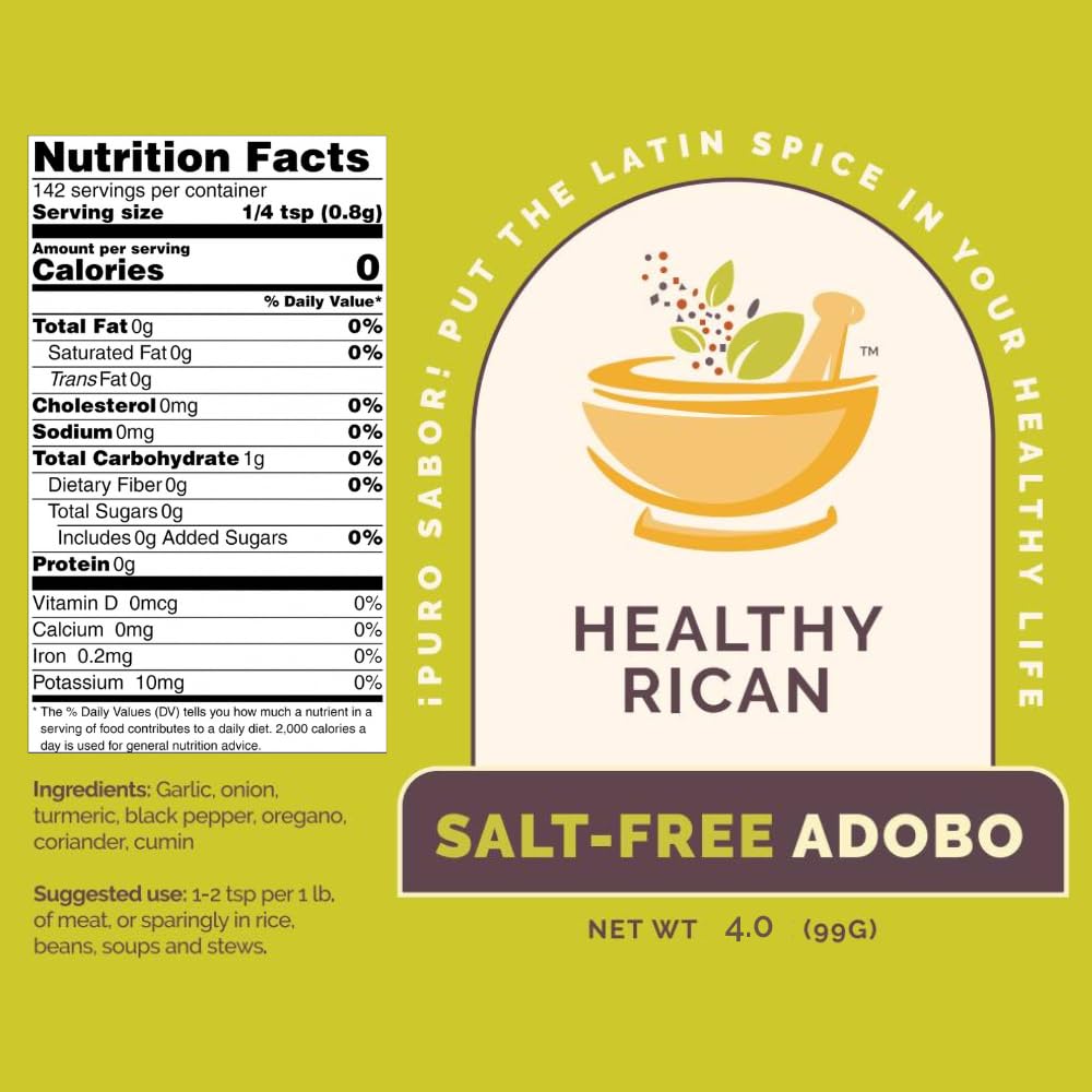 Healthy Rican Salt-Free Adobo packaging label close-up showcasing clean non-GMO ingredients