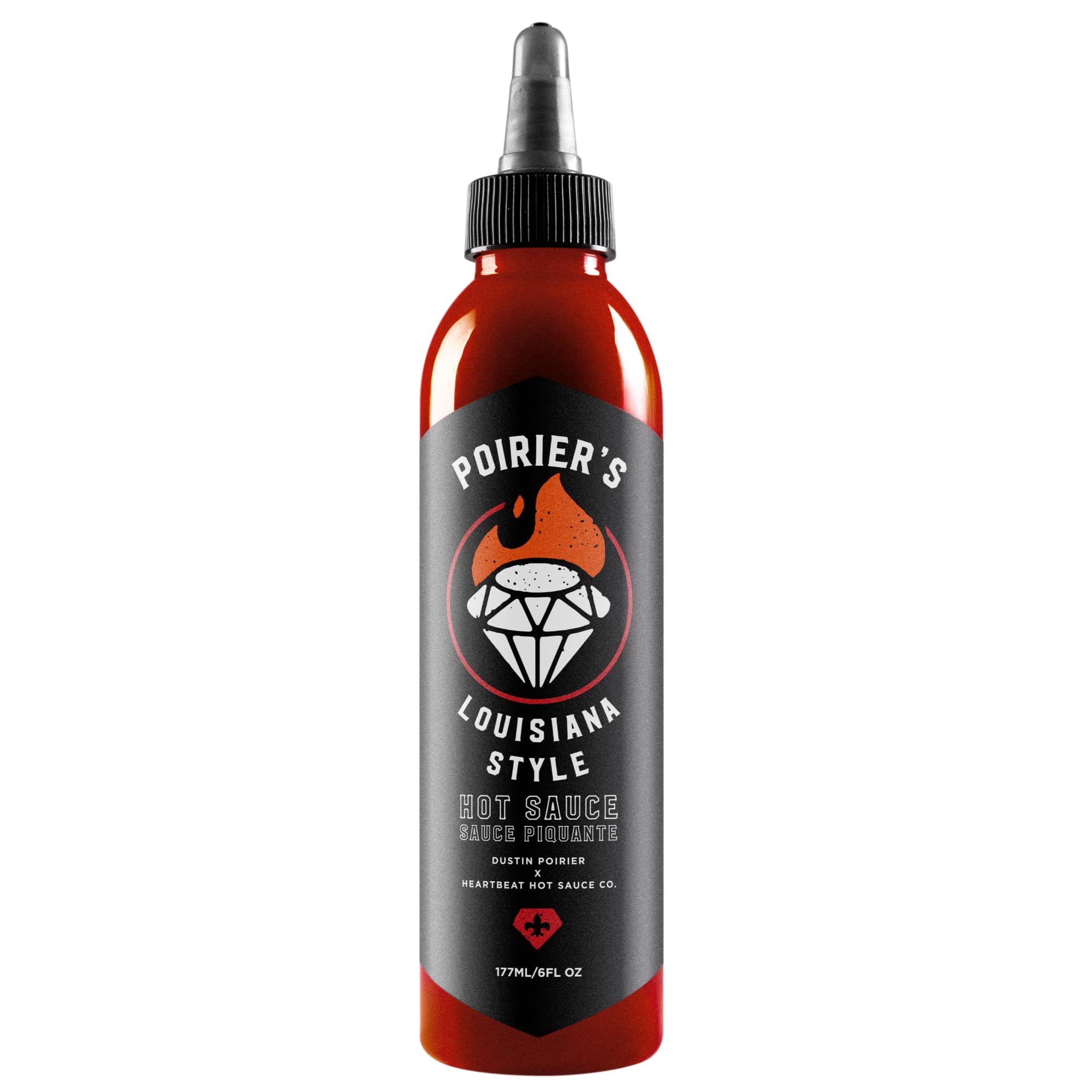 Heartbeat Hot Sauce Poirier bottle front showcases bold Cajun flavor for grilled meats.