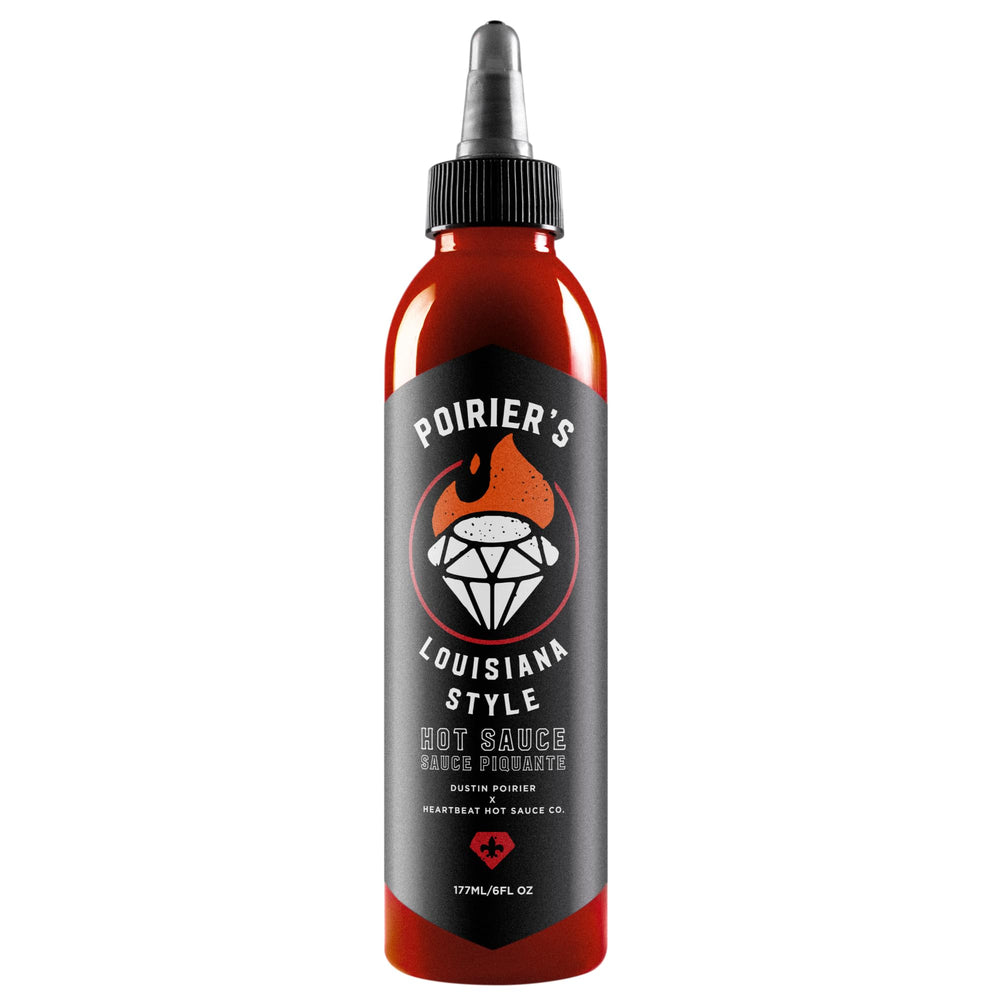 Heartbeat Hot Sauce Poirier bottle front showcases bold Cajun flavor for grilled meats.