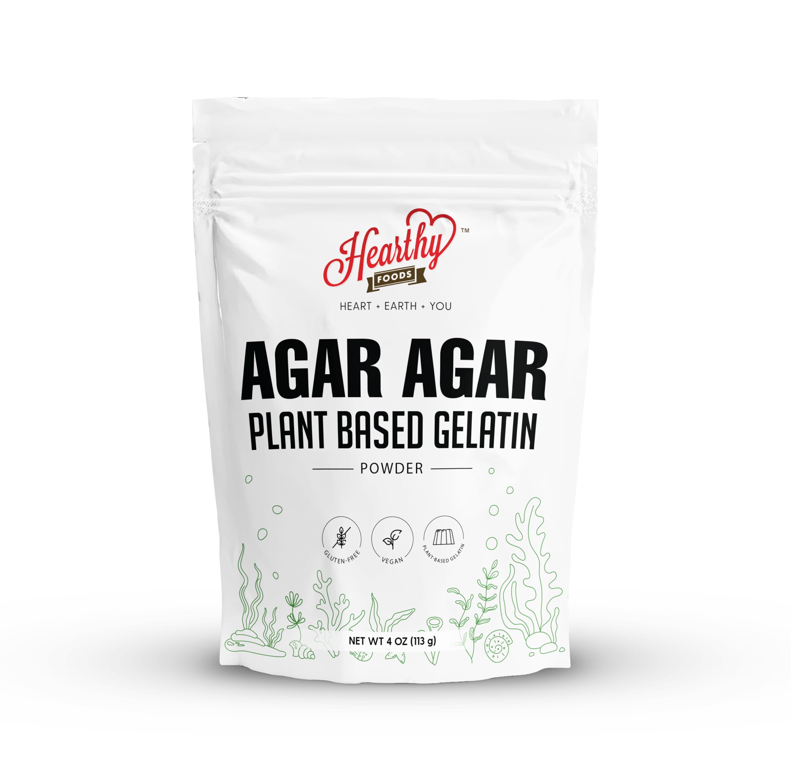 HEARTHY FOODS Agar Agar powder packaging shows premium red algae origin for reliable gelling.