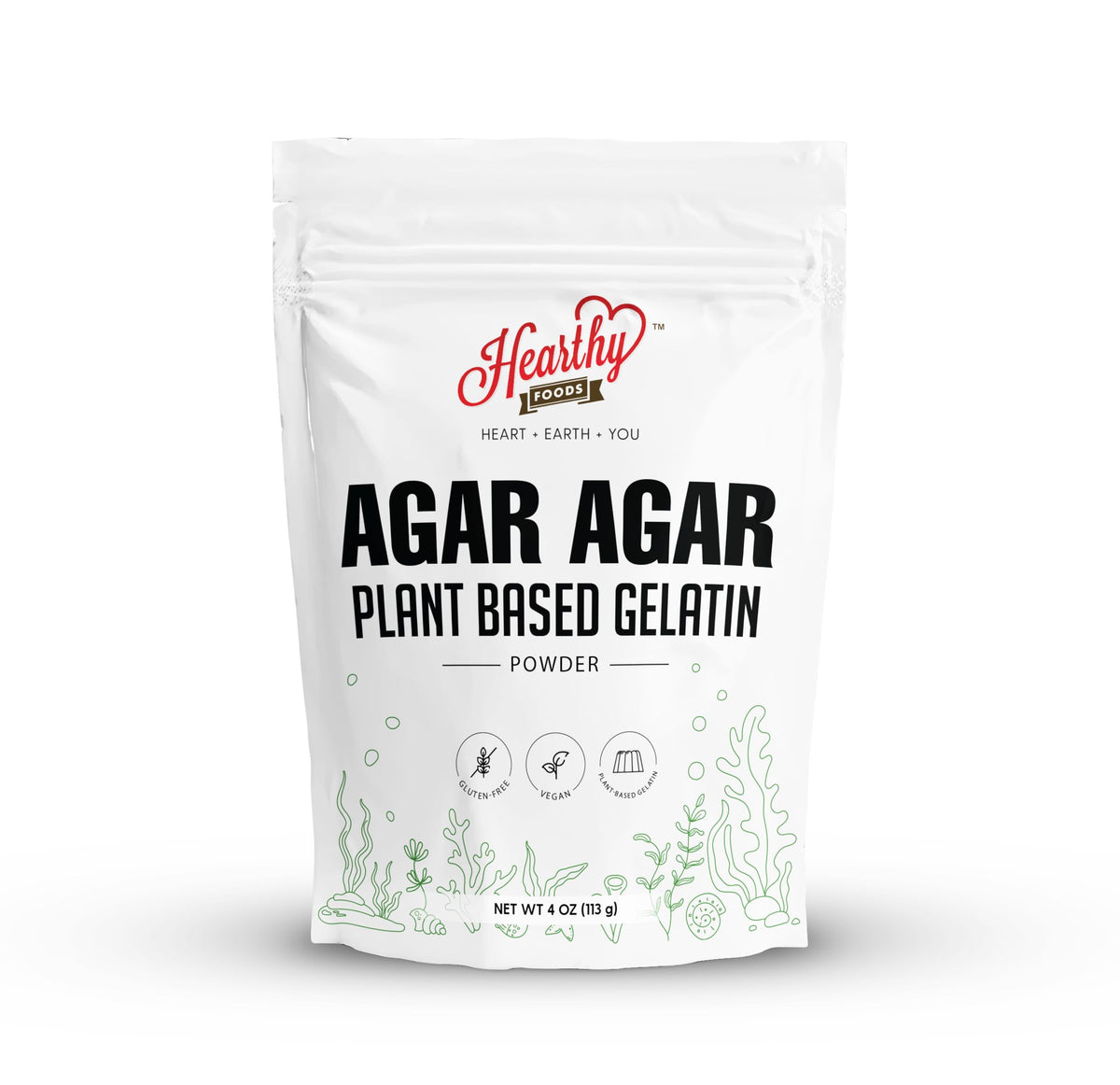 HEARTHY FOODS Agar Agar powder packaging shows premium red algae origin for reliable gelling.