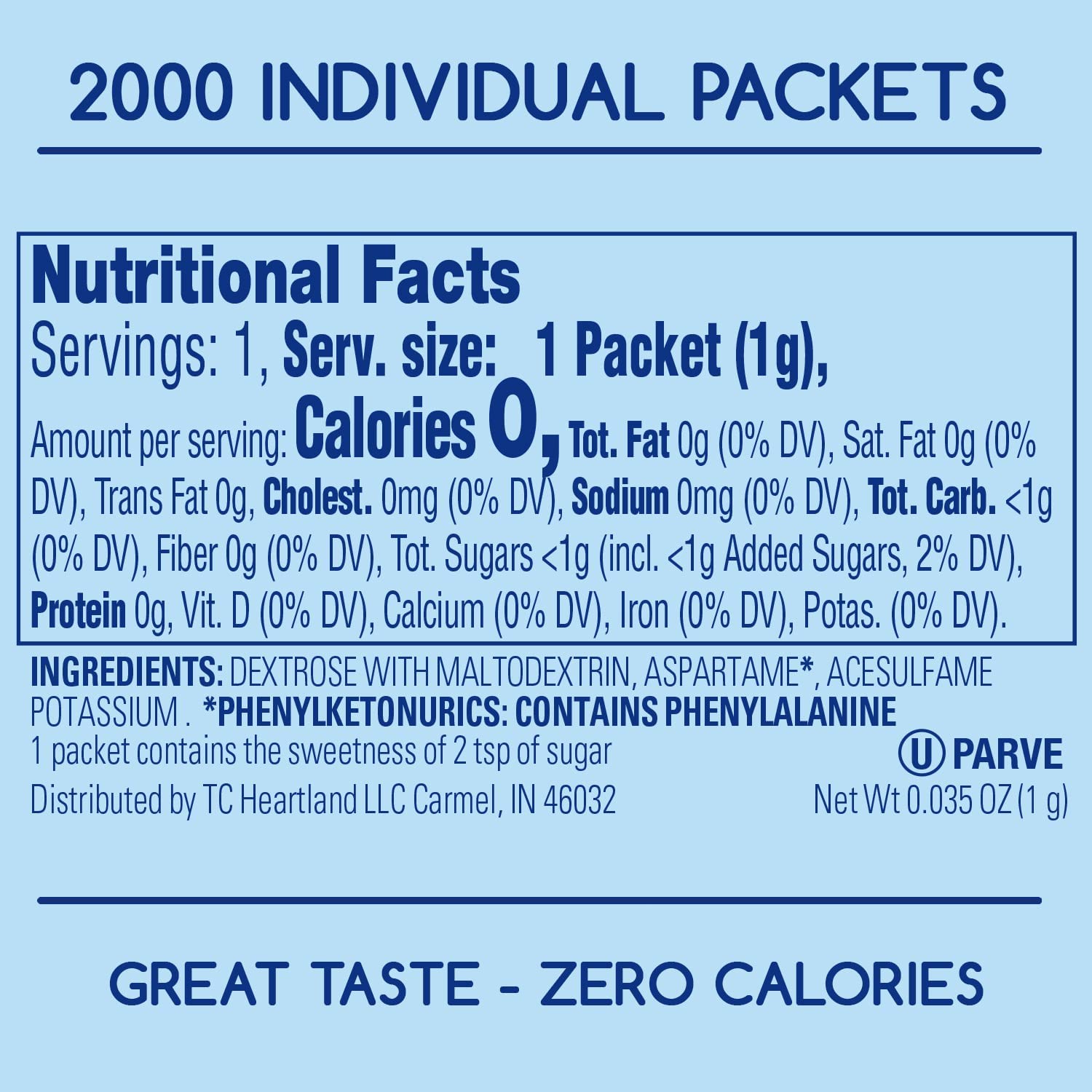 Closeup of a blue Heartland Complements packet ready for sweetening.