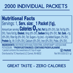 Closeup of a blue Heartland Complements packet ready for sweetening.
