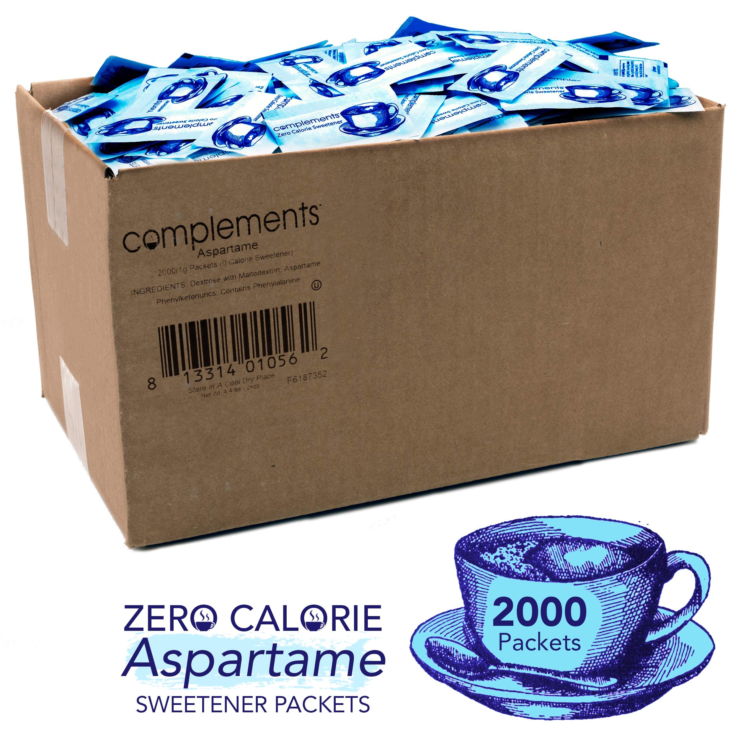 Heartland Complements blue packet in a cup, ideal for tea or coffee.