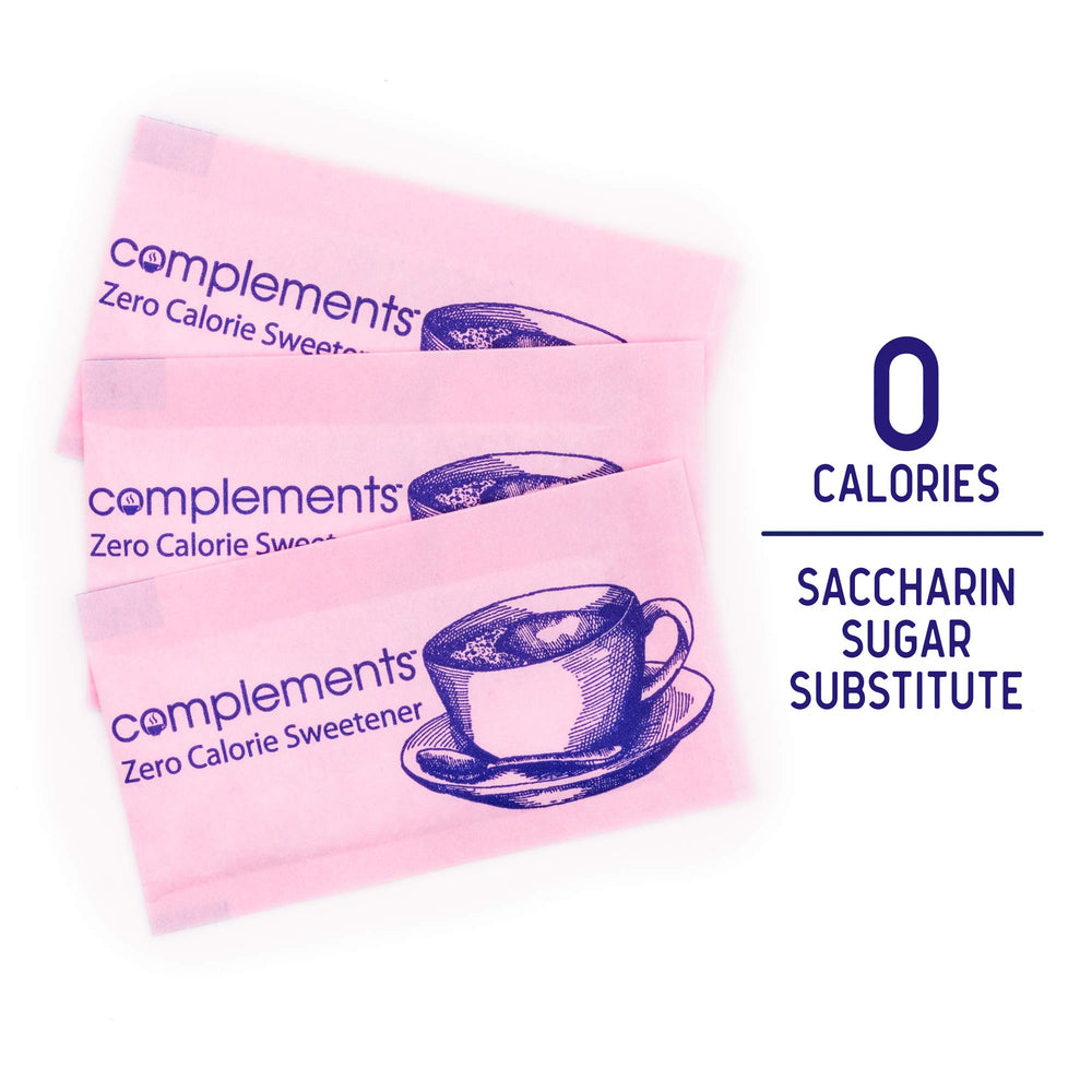 Heartland Complements pink packets with a coffee setup for calorie-conscious beverages.