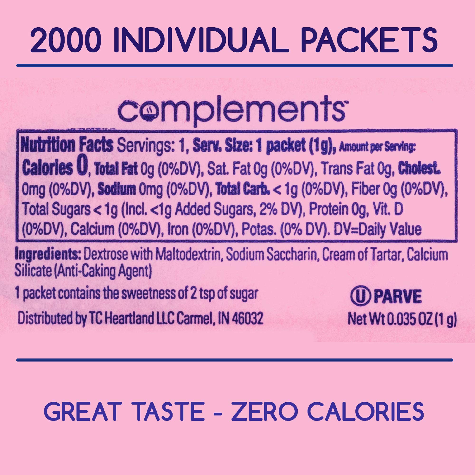 Heartland Complements pink packets beside a tea cup for sugar-free sweetness.