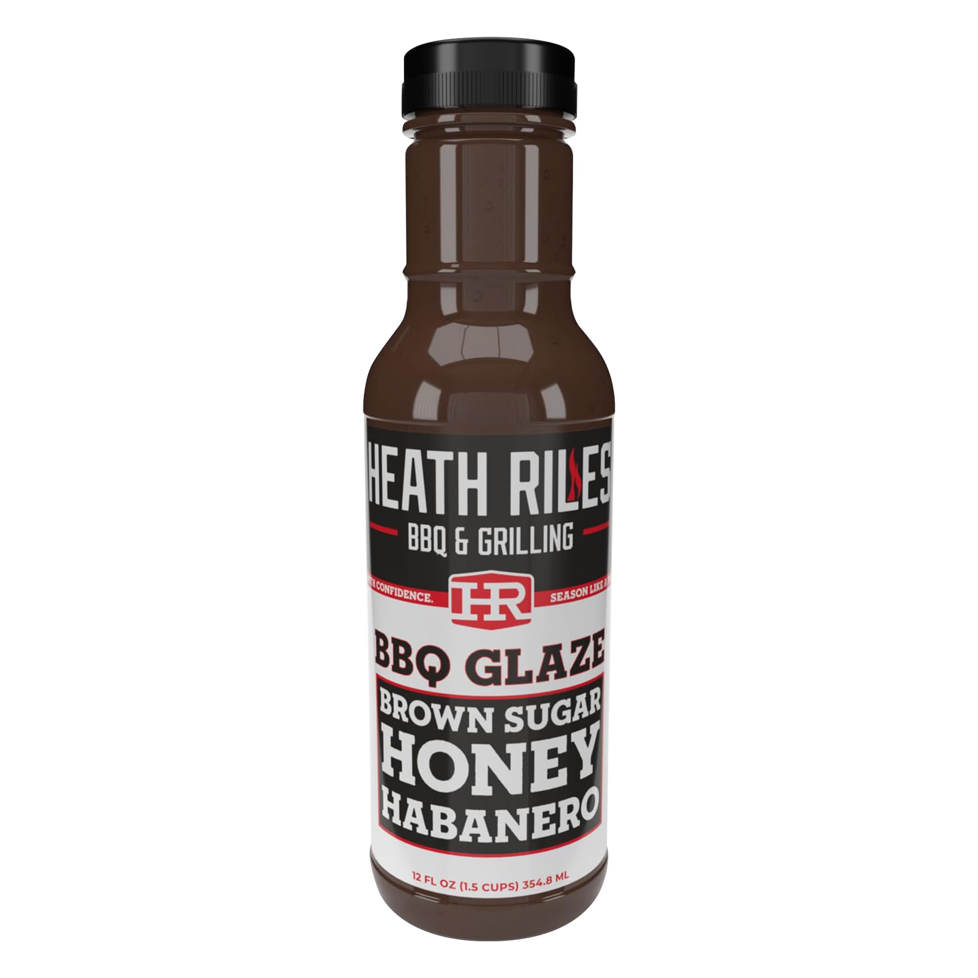 Heathy Riles BBQ glaze bottle showcasing rich sweet-heat glaze for ribs