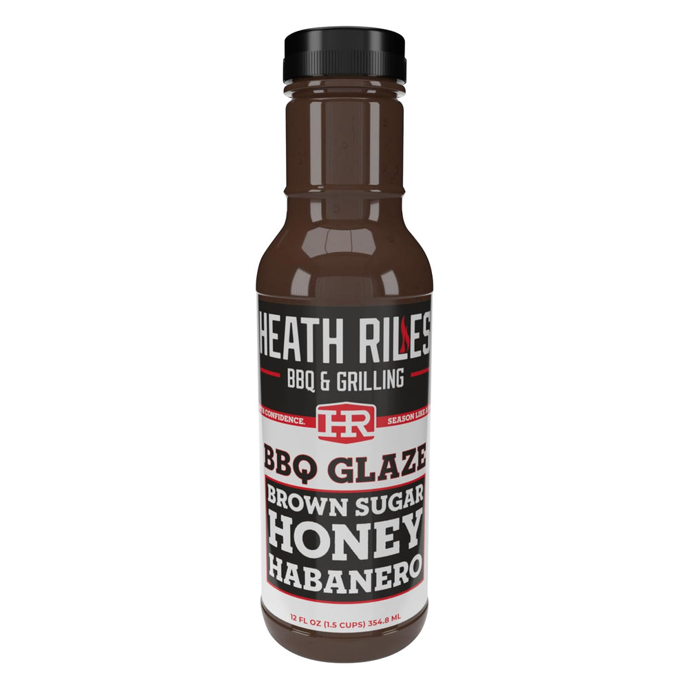 Heathy Riles BBQ glaze bottle showcasing rich sweet-heat glaze for ribs
