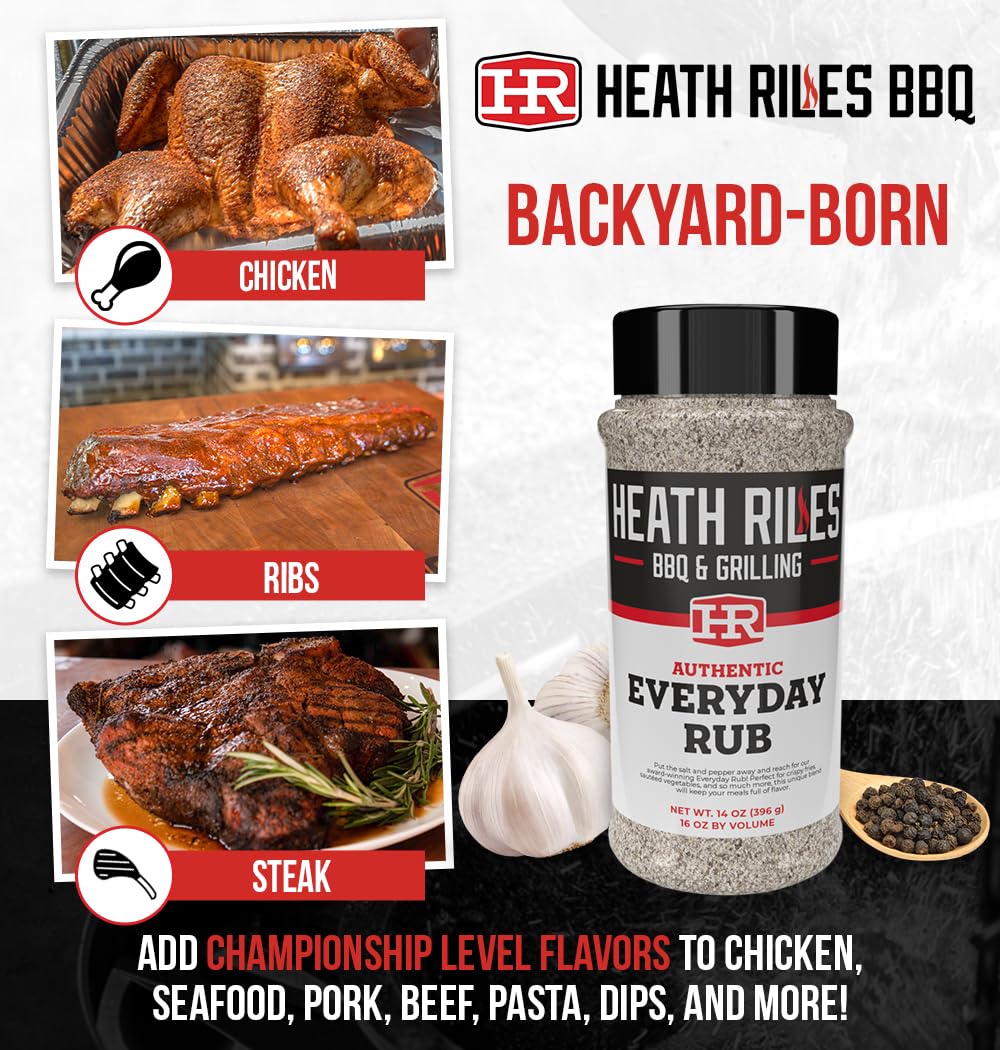 Heath Riles BBQ Rub bottle closeup showcases gluten-free, award-winning seasoning.