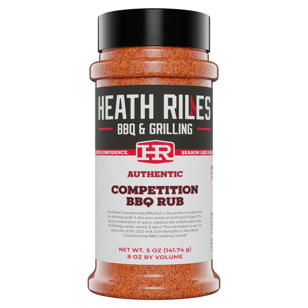 Heath Riles BBQ Rub bottle pour shows authentic competition seasoning for bold, reliable flavor.