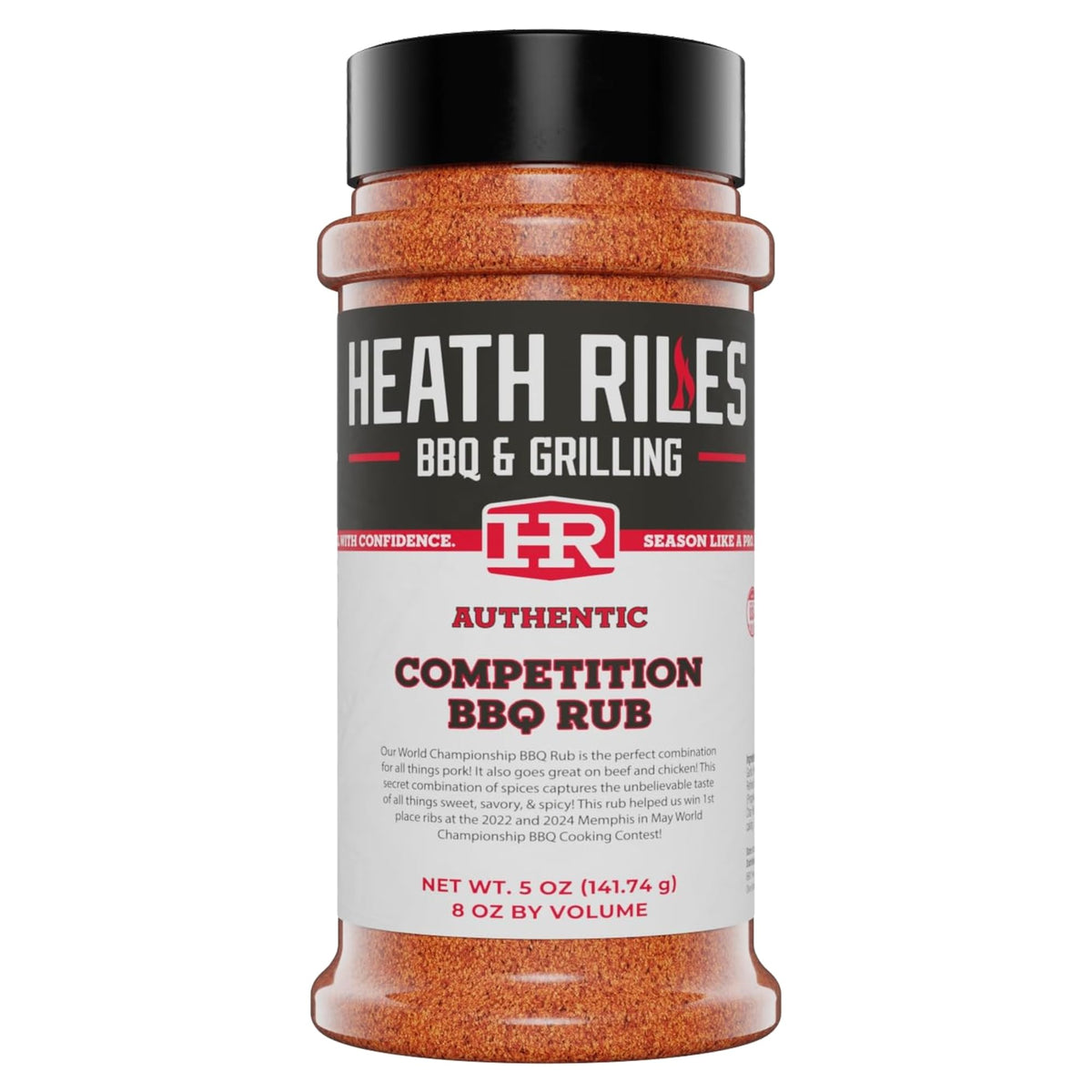 Heath Riles BBQ Rub bottle pour shows authentic competition seasoning for bold, reliable flavor.