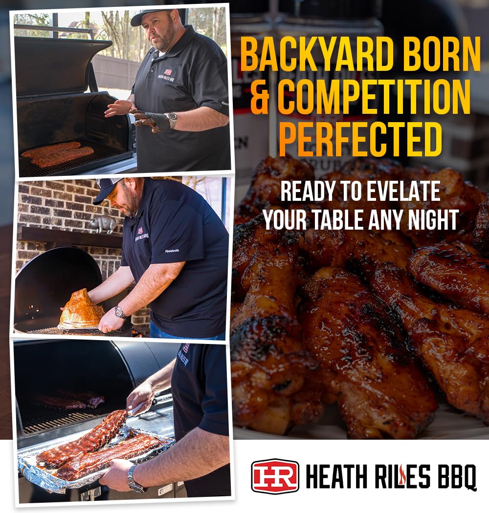 Heath Riles BBQ Rub on chicken on the grill shows versatile seasoning for any protein.