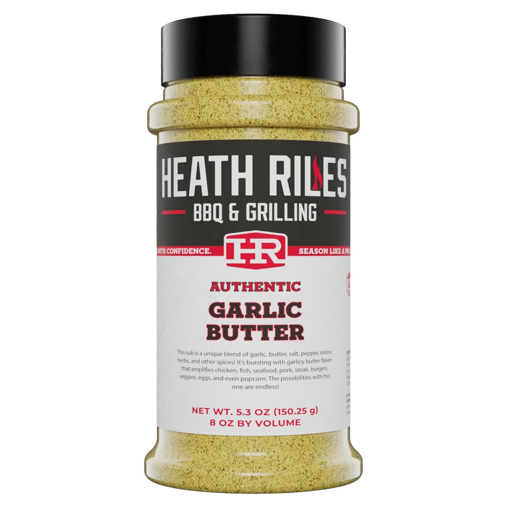 Heath Riles BBQ Garlic Butter Rub bottle pour adds garlic butter flavor for grilling