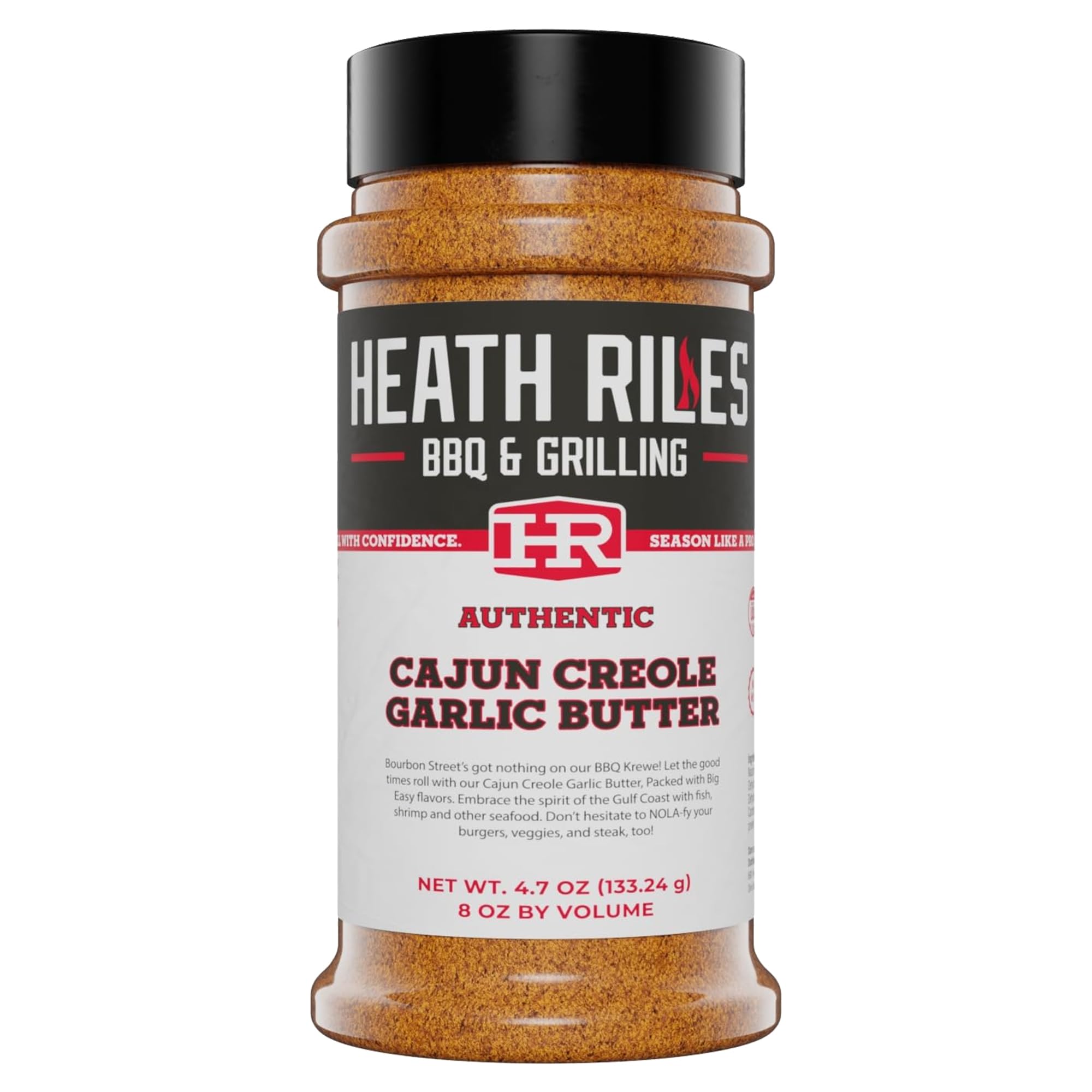 Heath Riles Cajun Seasoning Rub bottle label shows authentic Louisiana flavor for meals