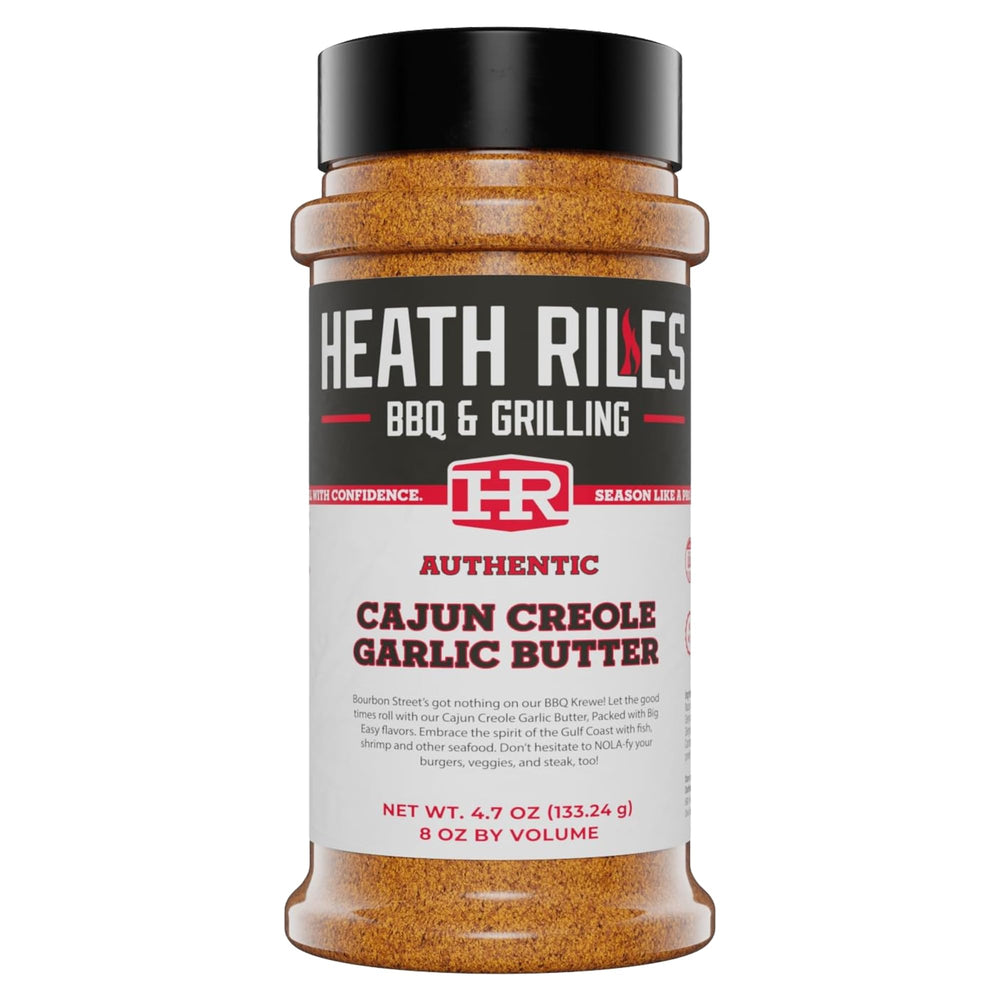 Heath Riles Cajun Seasoning Rub bottle label shows authentic Louisiana flavor for meals