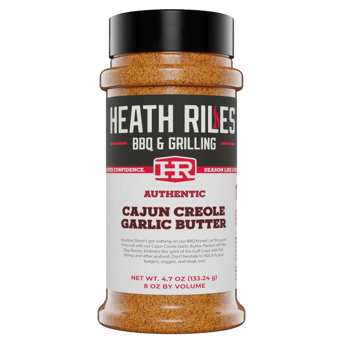 Heath Riles Cajun Seasoning Rub bottle label shows authentic Louisiana flavor for meals