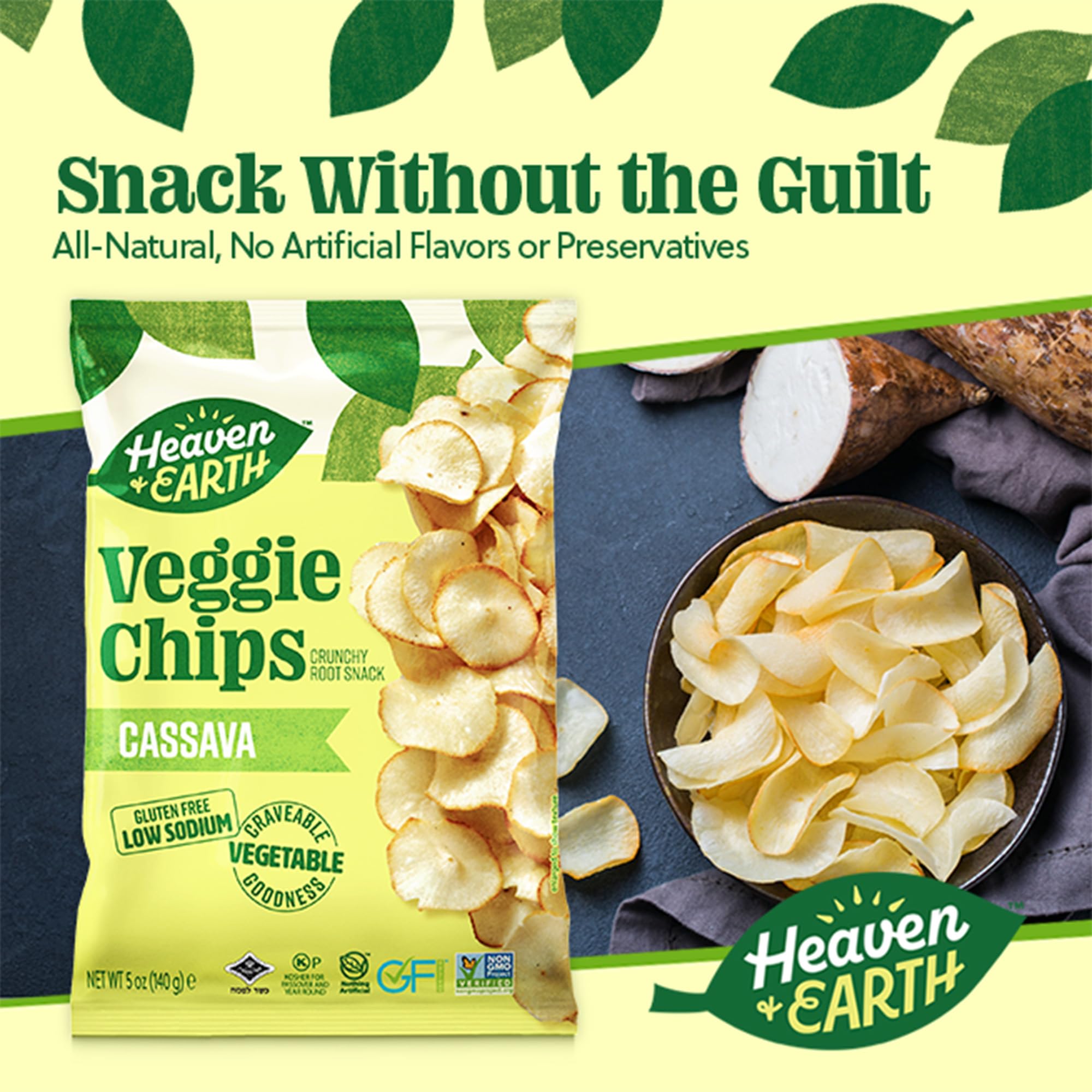 Heaven & Earth cassava chips close-up showing golden thin slices for sharing.