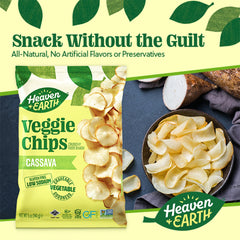 Heaven & Earth cassava chips close-up showing golden thin slices for sharing.