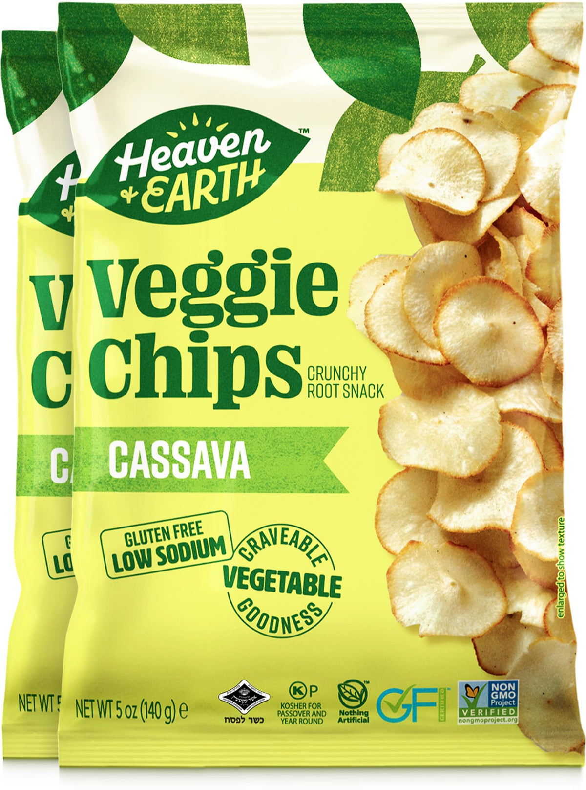Heaven & Earth cassava chips bag close-up highlighting crisp texture for snacking.