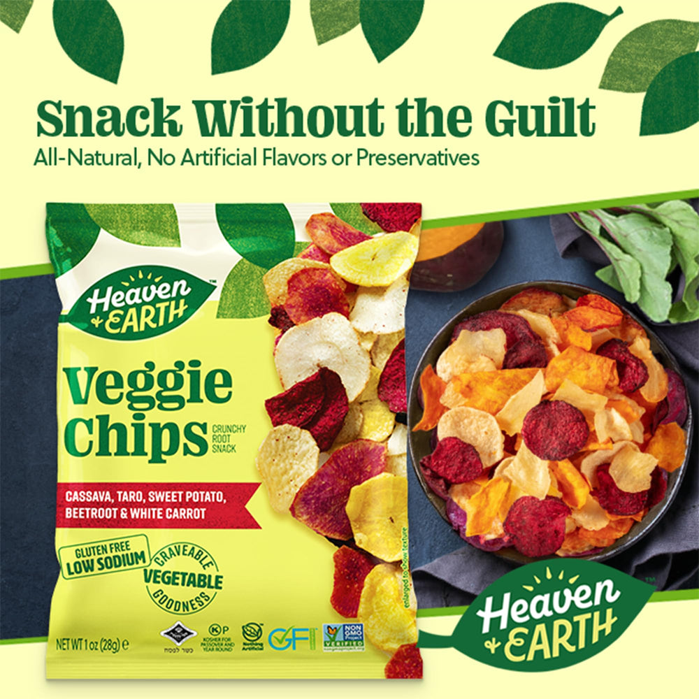 Heaven & Earth crisp vegetable chips close-up show delicate crunch.