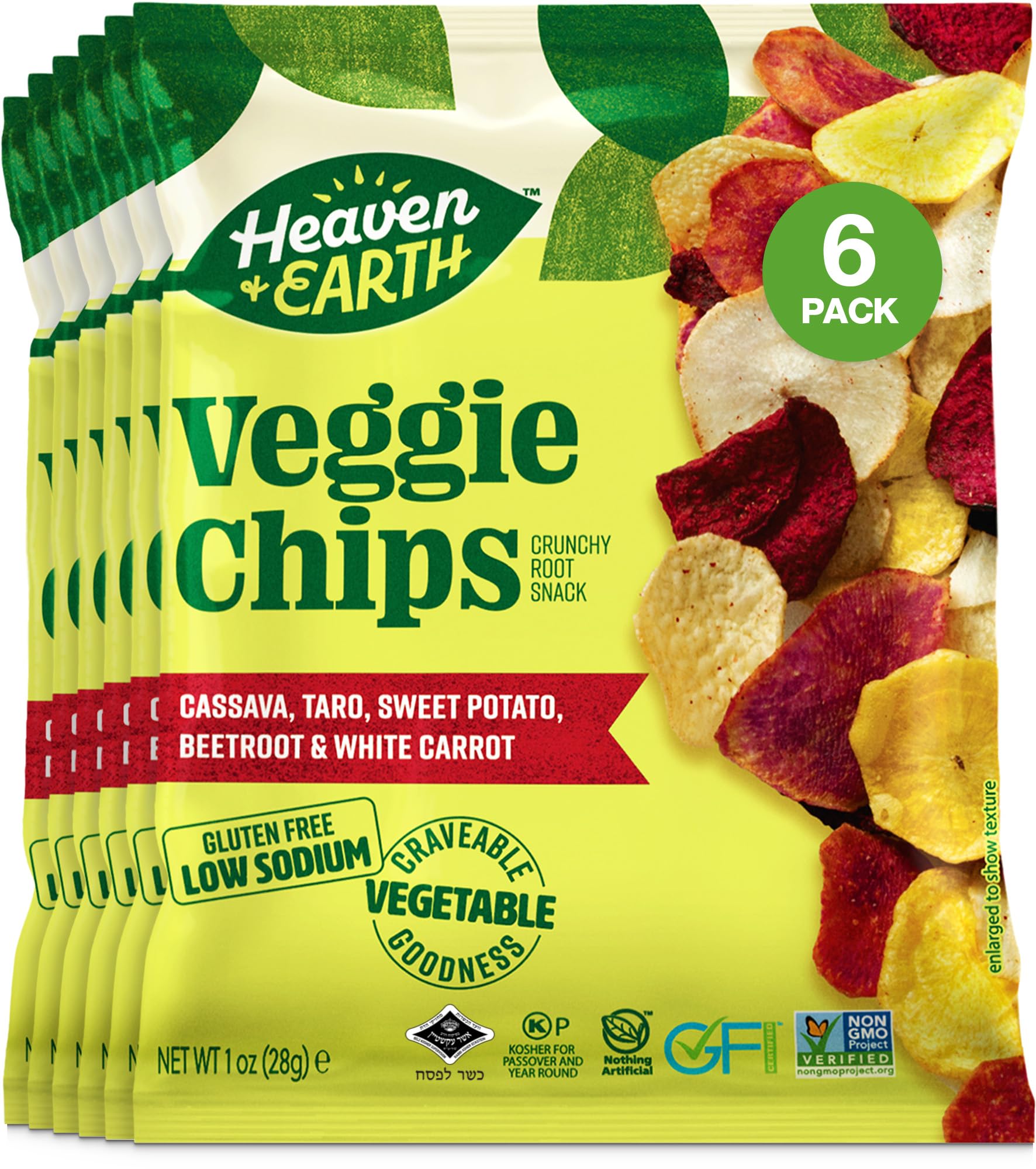 Heaven & Earth Root Vegetable Medley Chips in 1oz pack, ready for snacking.