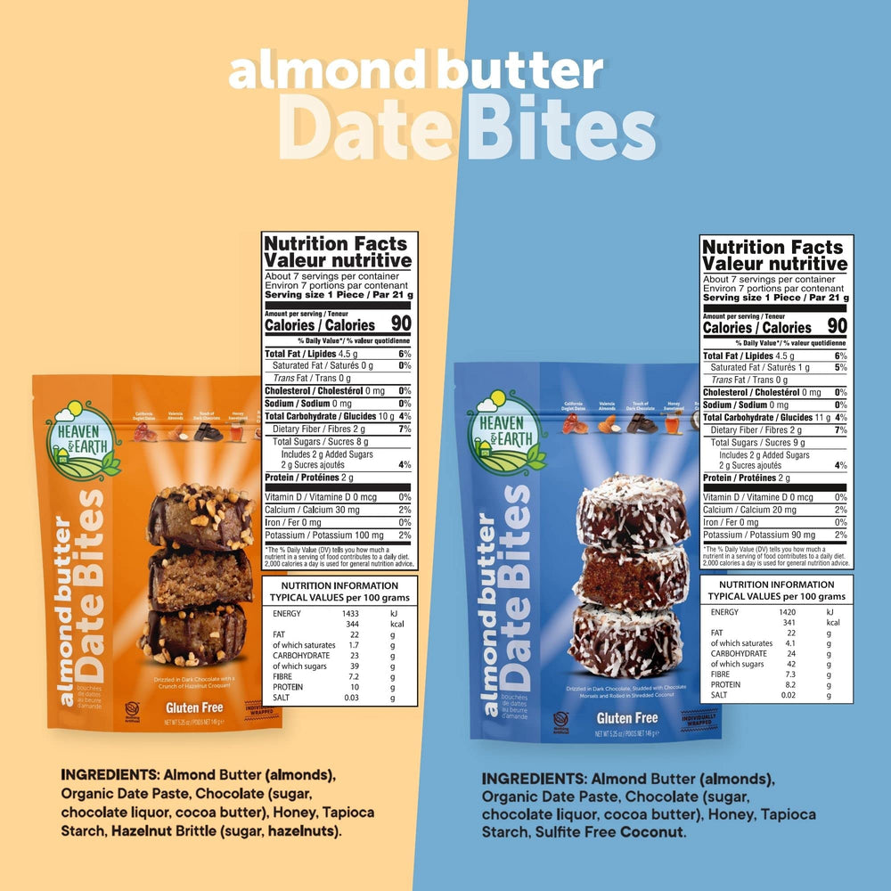 Heaven & Earth two-pack date bites wrapped for freshness and grab-and-go snacking.