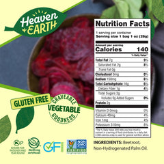 HEAVEN & EARTH Beet Chips crisp bite on a plate, ideal for on-the-go snacking.