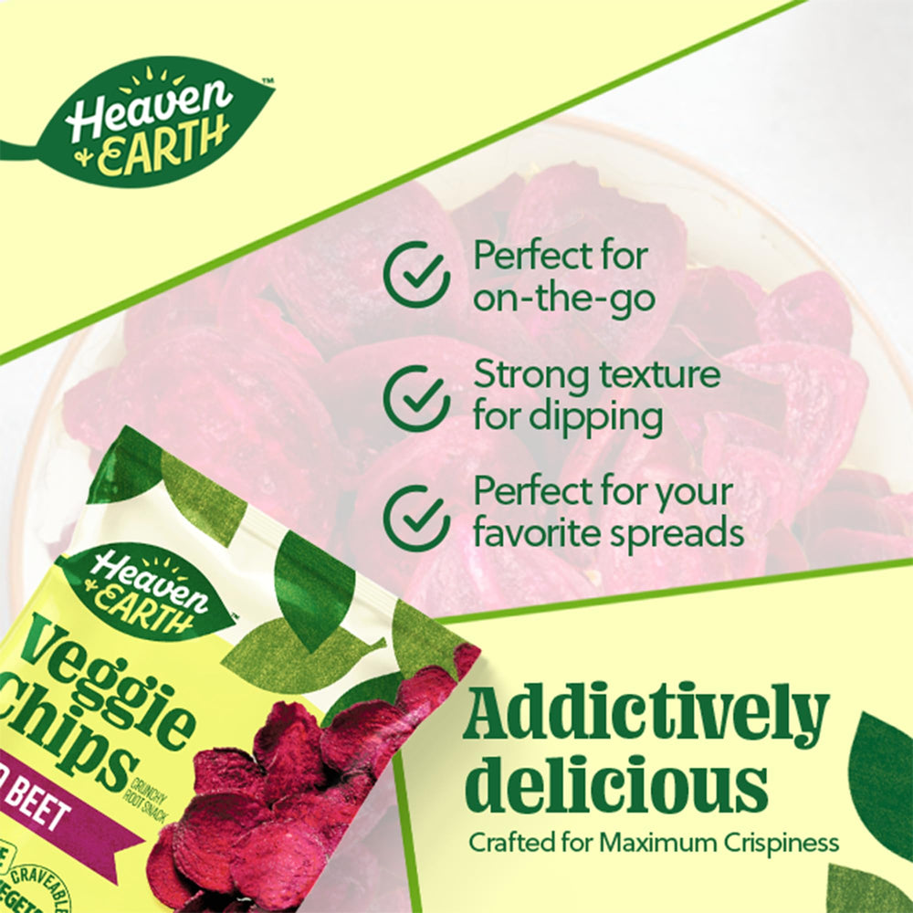 HEAVEN & EARTH Beet Chips gluten-free label visible, ideal for Passover snacks.