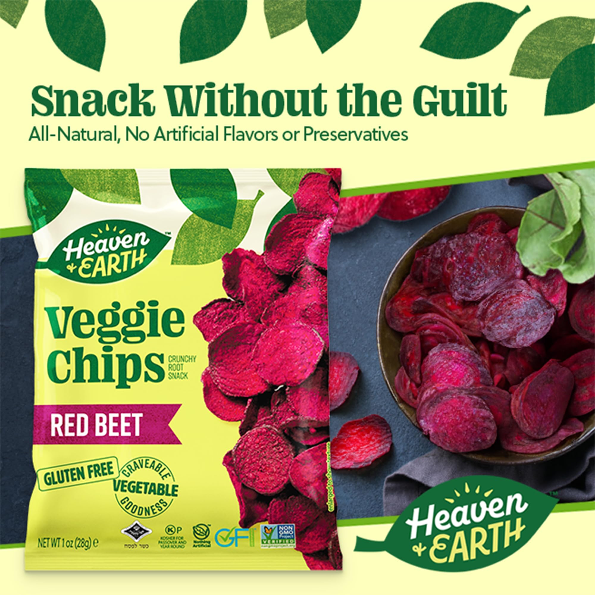 HEAVEN & EARTH Beet Chips label shows non-GMO and natural ingredients.