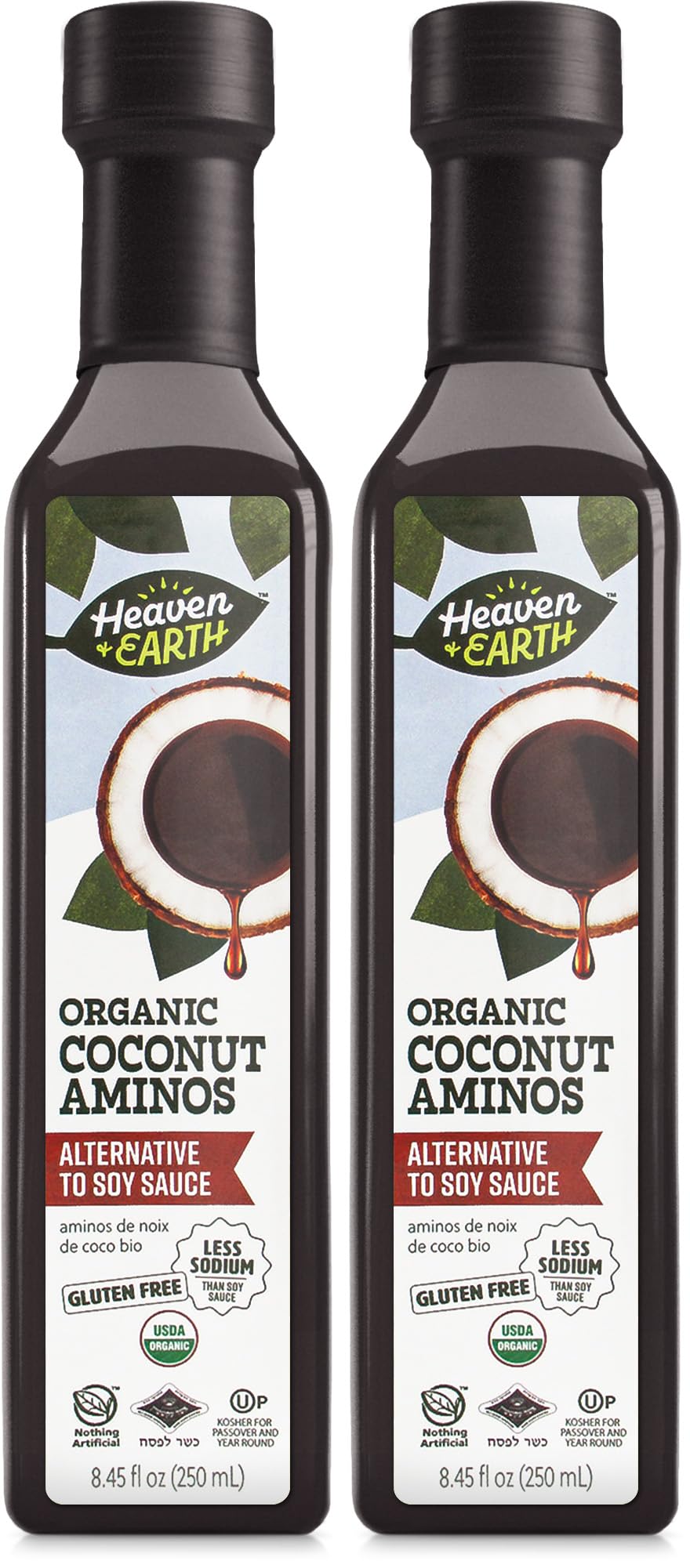 HEAVEN & EARTH Coconut Aminos bottle on shelf, ideal soy-free substitute for sauces.
