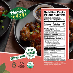 Pouring HEAVEN & EARTH Coconut Aminos, a low-sodium soy sauce alternative.