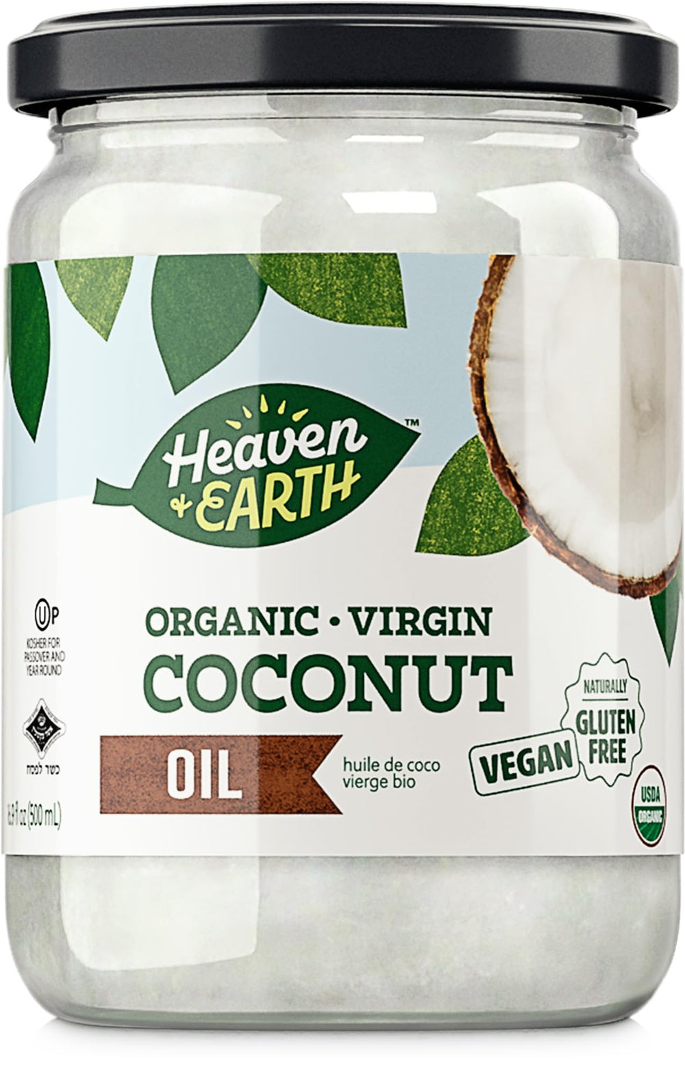 Heaven & Earth coconut oil in a glass jar for cooking and skincare.