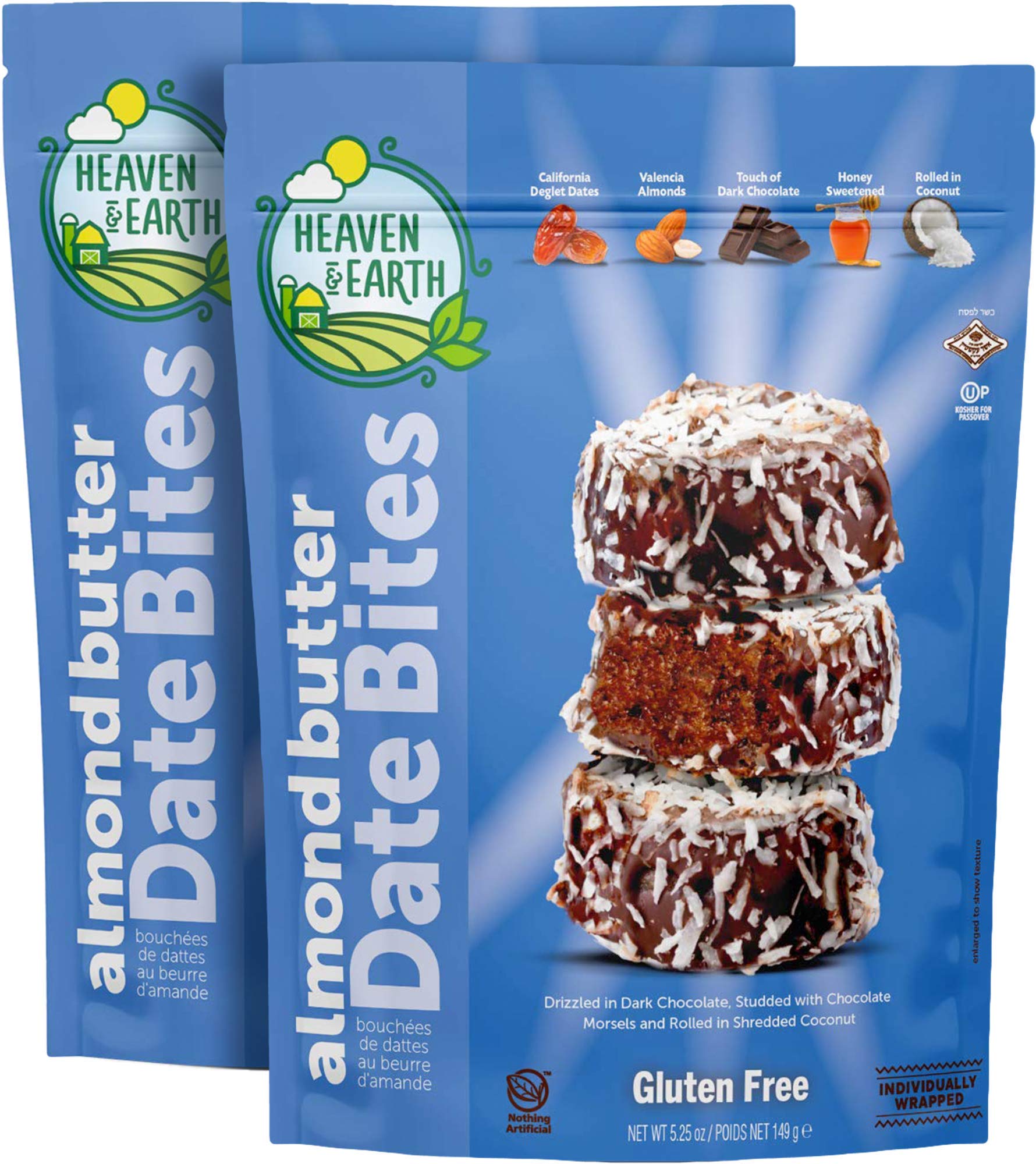 Heaven & Earth gluten-free chocolate-covered almond date bites with coconut flakes on a plate