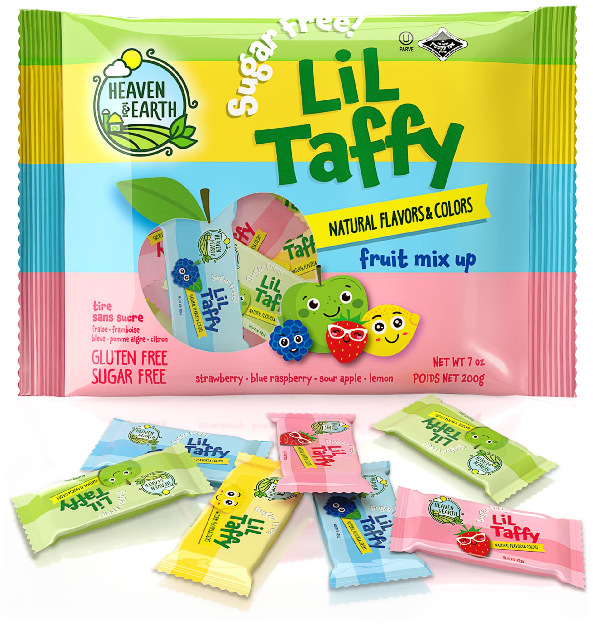 Heaven and Earth Lil Taffy Fruit Mix front pack shows sugar-free, dye-free candy ideal for sharing.