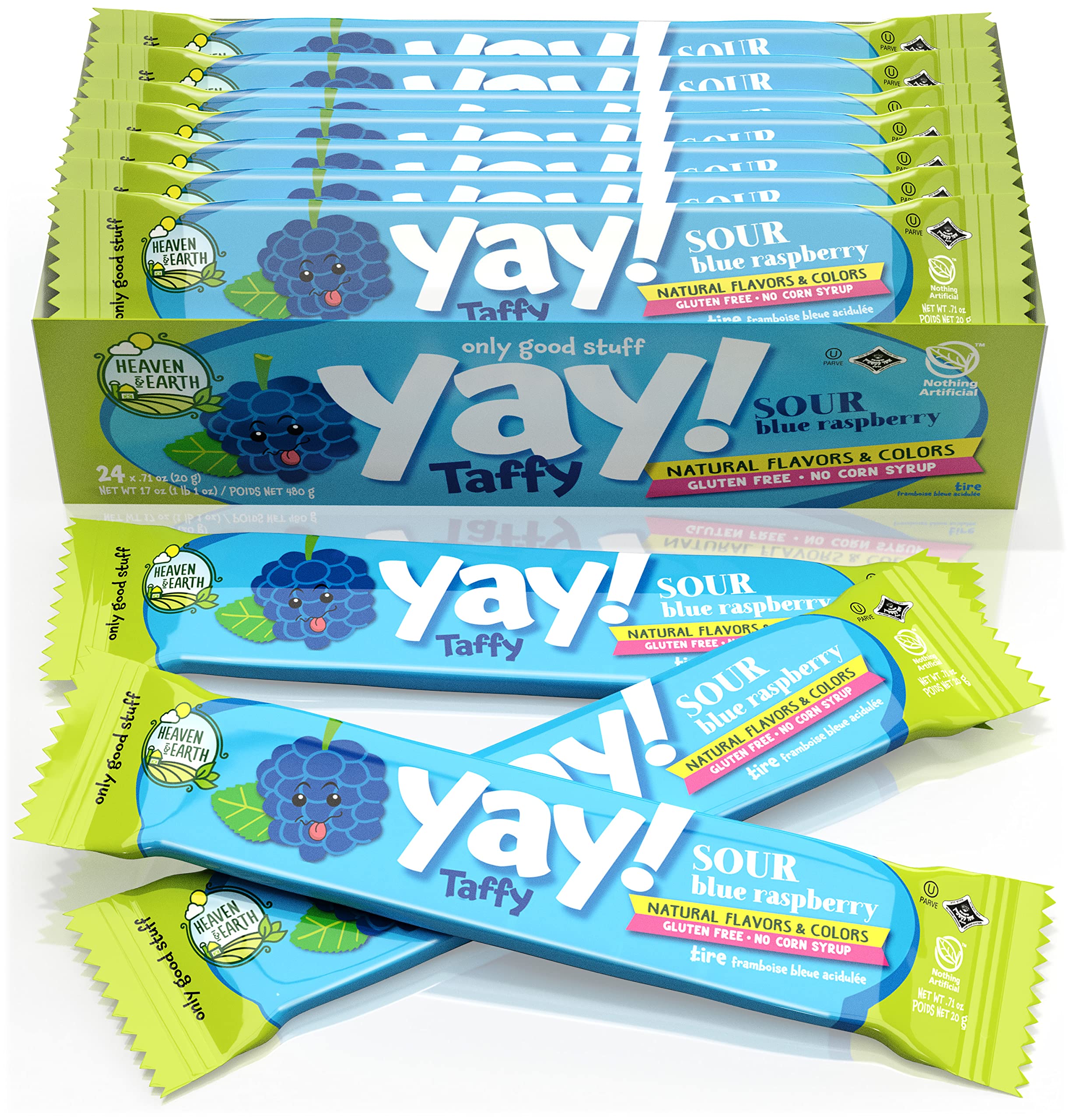 Heaven and Earth Sour Blue Raspberry Yay Taffy 24-pack closeup showing chewy texture and vibrant color