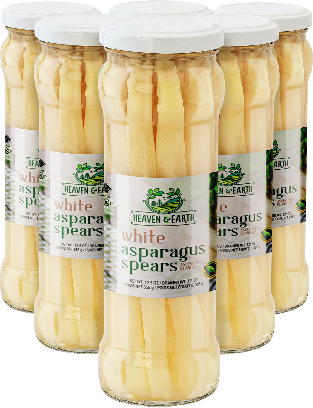 Heavens & Earth white asparagus spears in six-pack, elevated view, ready-to-eat healthy snack.