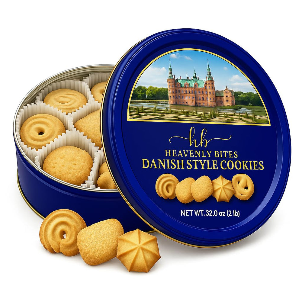 Close-up of Heavenly Bites Danish Butter Cookies showing texture, ideal with coffee.