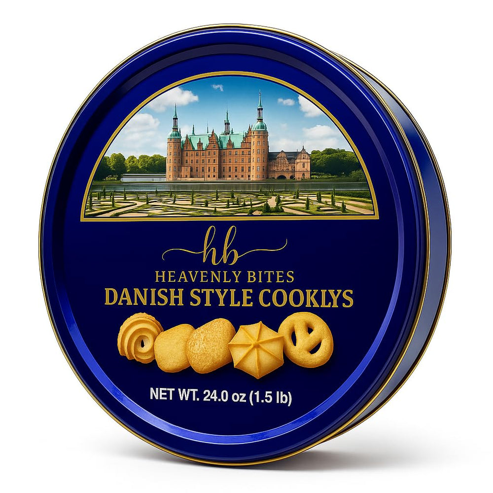 Heavenly Bites butter cookies in metal tin on shelf, great gift idea