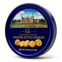 Heavenly Bites butter cookies in metal tin on shelf, great gift idea