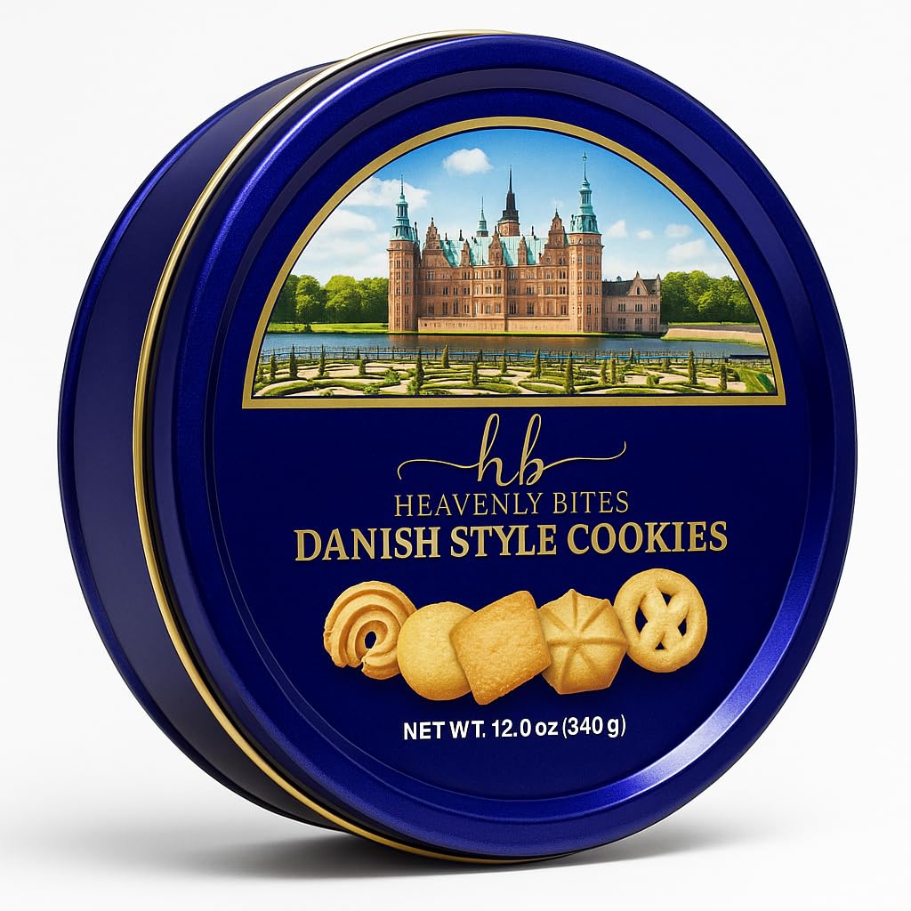 Gift-ready Heavenly Bites Danish cookies in decorative tin.