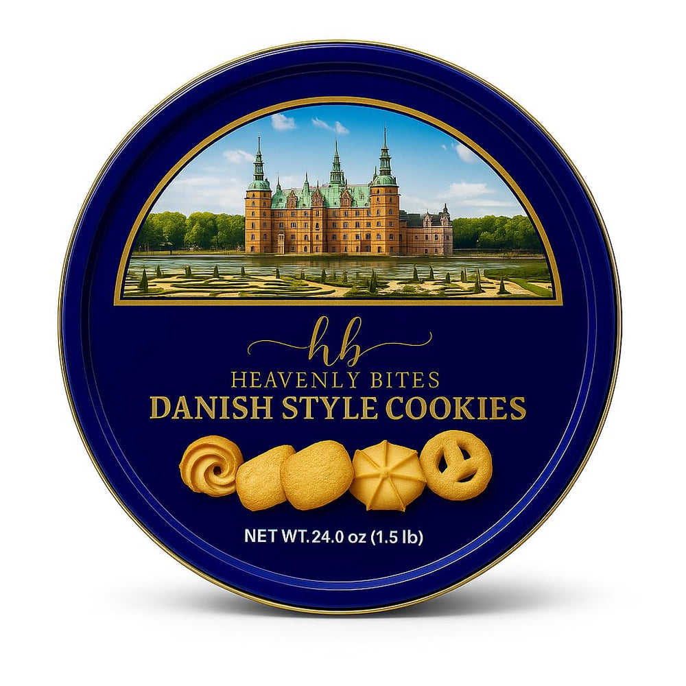 Heavenly Bites Danish Style Butter Cookies in a decorative tin, ideal for gifting