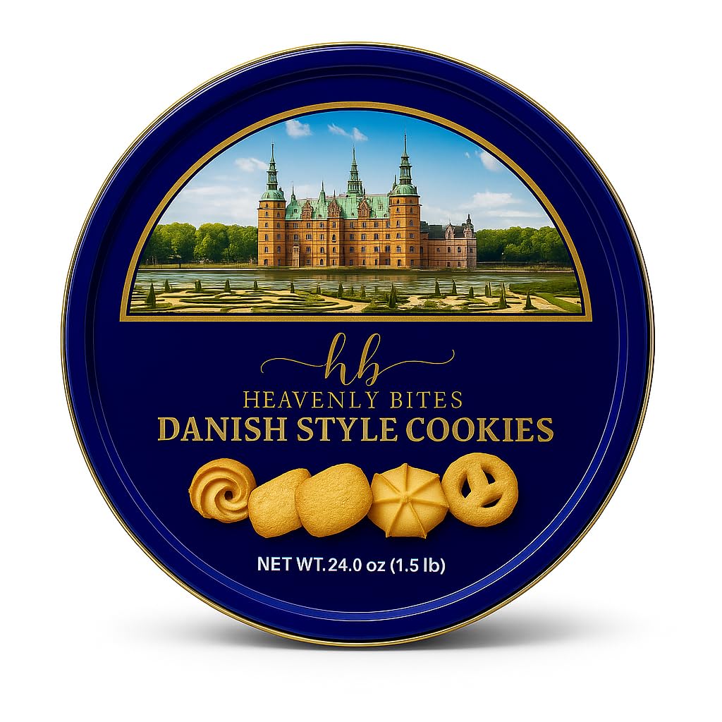 Heavenly Bites Danish Style Butter Cookies in a decorative tin, ideal for gifting