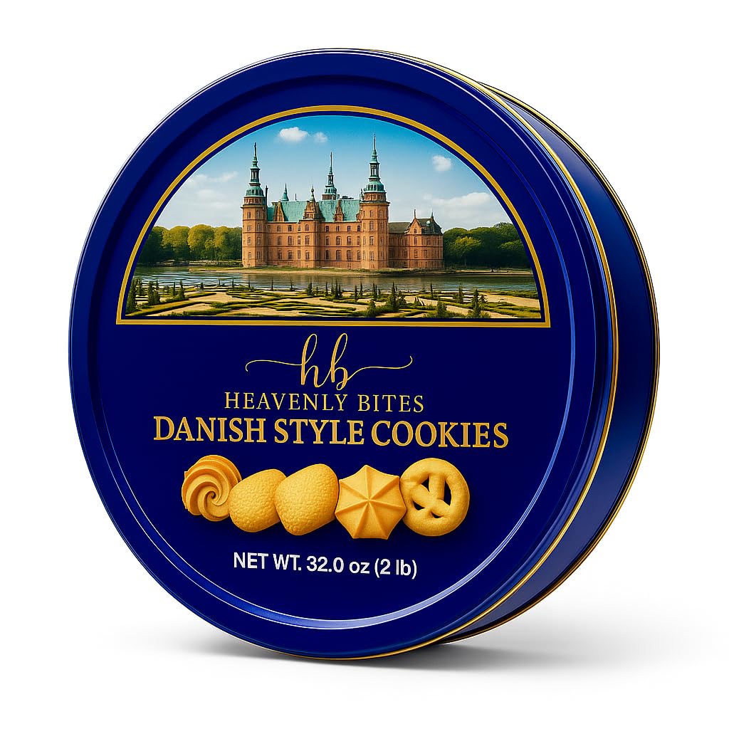 Heavenly Bites Danish Butter Cookies in a 32-oz tin, ideal for gifting.