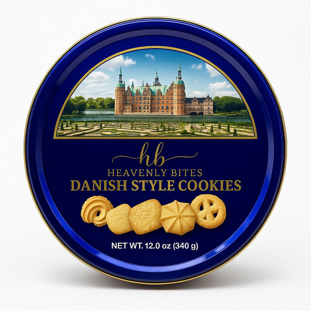 Heav enly Bites Danish-style butter cookies in decorative tin, ideal for gifting.