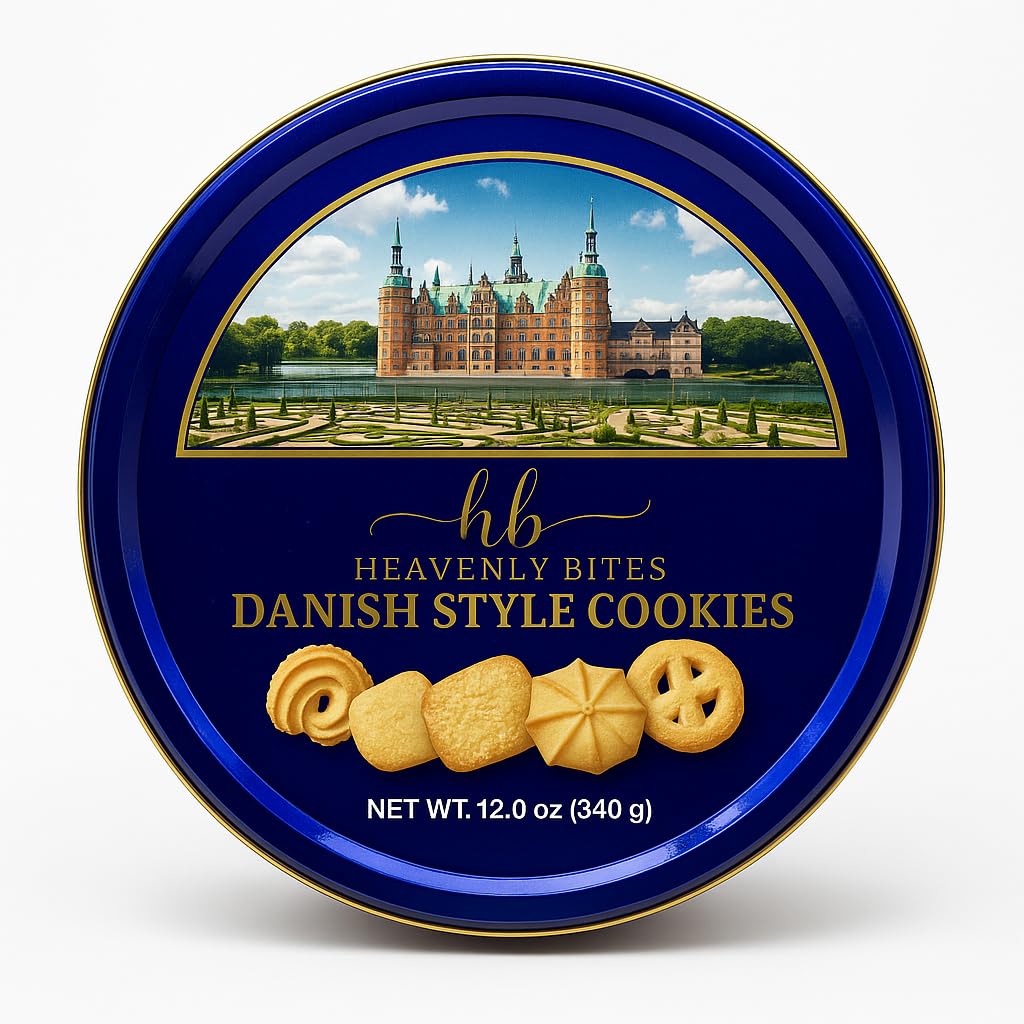 Heav enly Bites Danish-style butter cookies in decorative tin, ideal for gifting.