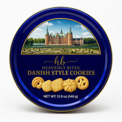 Heav enly Bites Danish-style butter cookies in decorative tin, ideal for gifting.